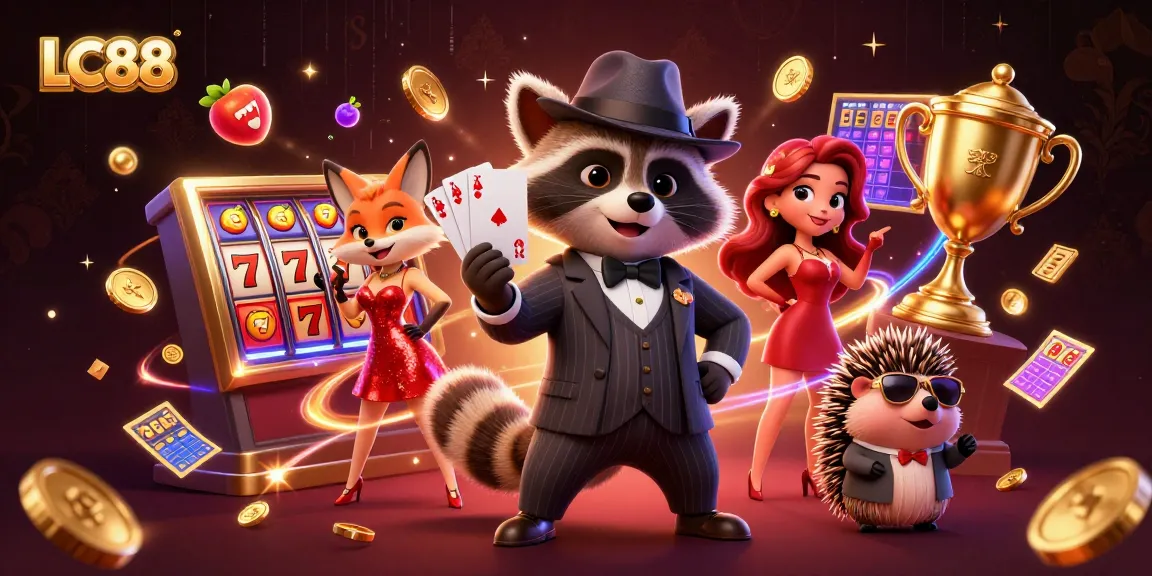 Experience thrilling casino action at LC88 with a raccoon, fox, and hedgehog in this lively scene.