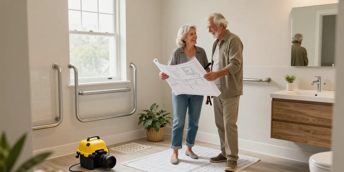 安家SafeHome bathroom renovation featuring a senior couple in a beautifully designed safe environment, emphasizing comfort and accessibility.