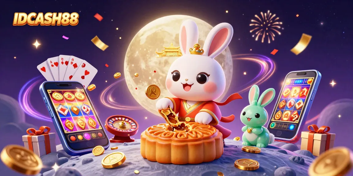 Experience thrilling gameplay with IDCASH88 as the moon rabbit reveals poker chips in a vibrant 3D casino.