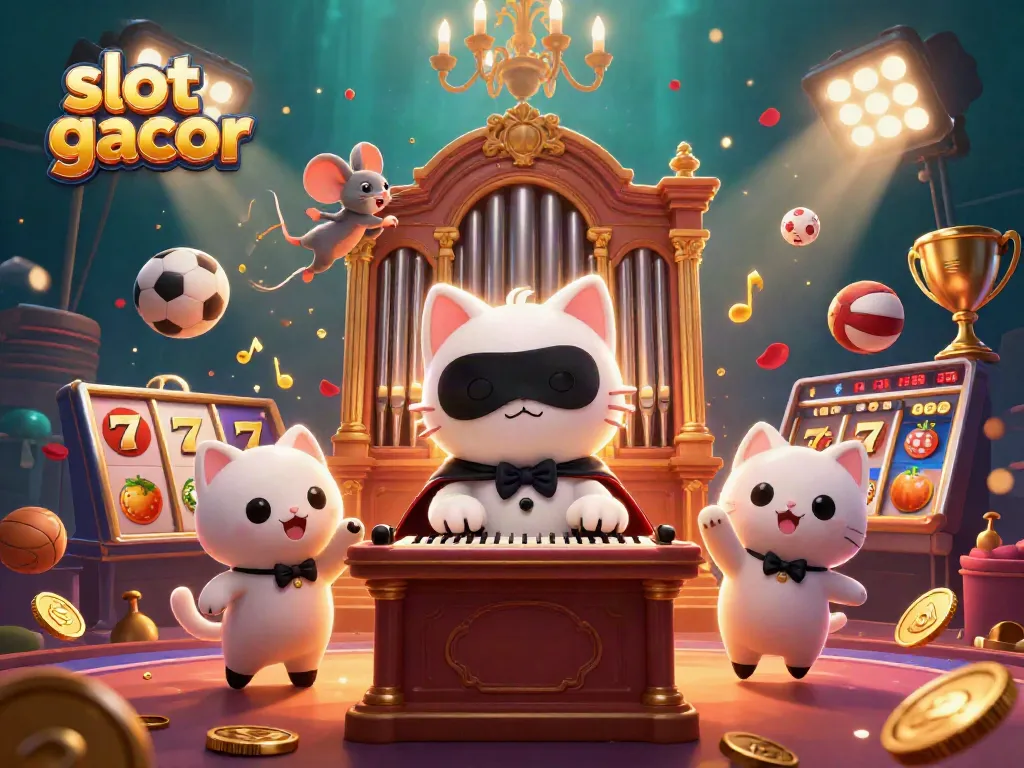Slot gacor menampilkan kucing putih misterius dan mouse akrobat di casino megah, dikelilingi elemen permainan.