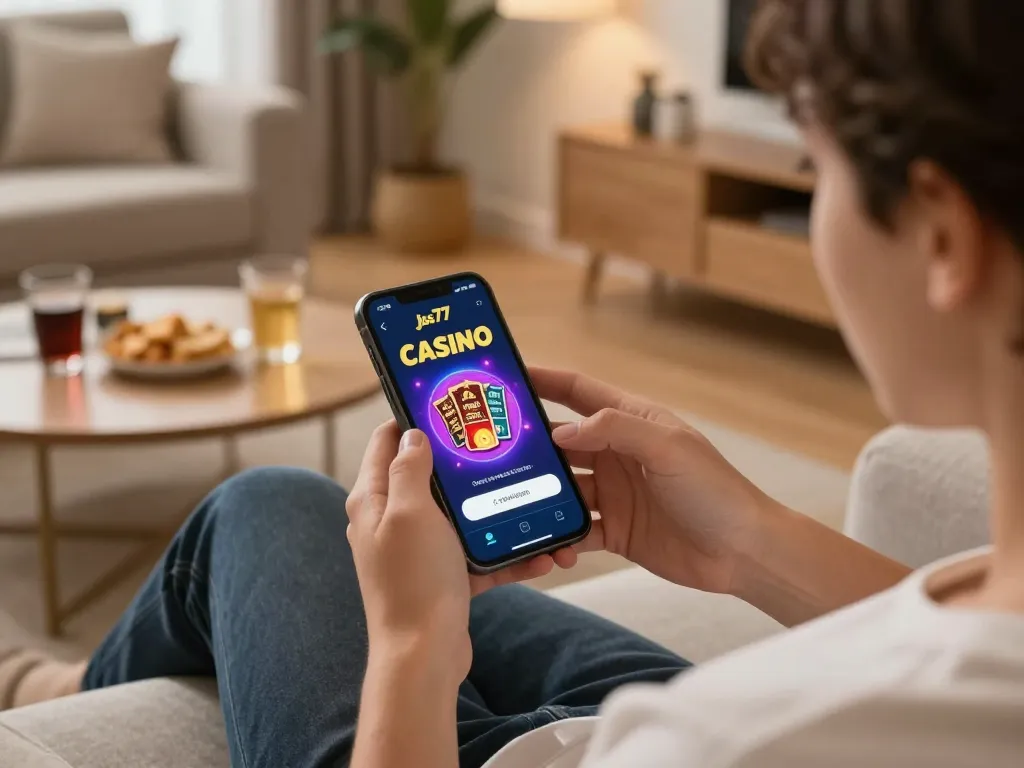 Engaged player enjoying the jus77 mobile casino experience from a cozy home setup.