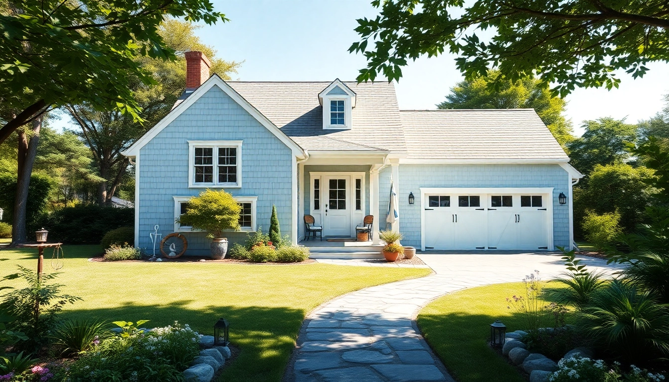 Cape Cod homes with attached garage in a beautiful coastal setting showcasing lovely landscaping.