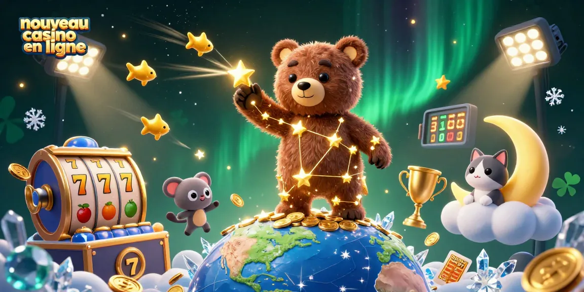 Découvrez le nouveau casino en ligne avec des jackpots illustrés par un ours étoilé et des éléments de jeu vibrants.