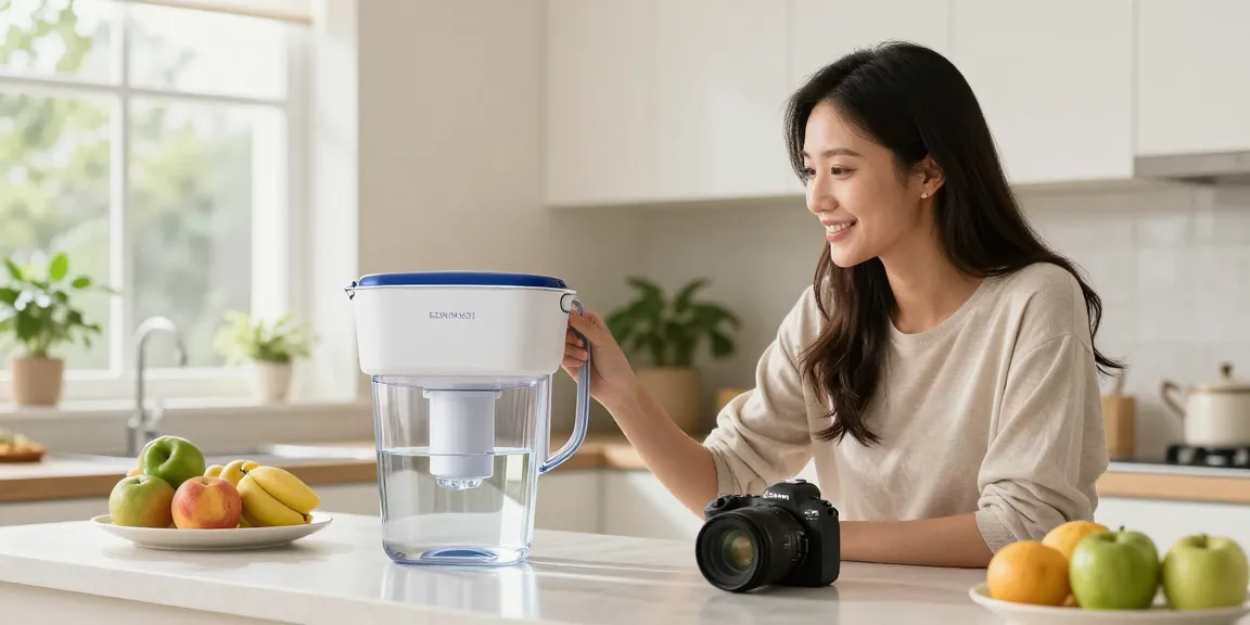 Customer reviewing Waterspecialist EDR1RXD1 Water Filter in a bright kitchen, promoting healthy living.