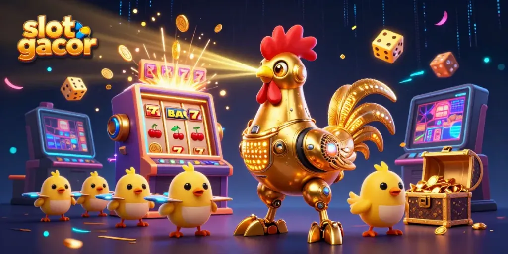 Sparking excitement with slot gacor themes, the golden rooster robot and drones celebrate jackpots and gaming thrills.