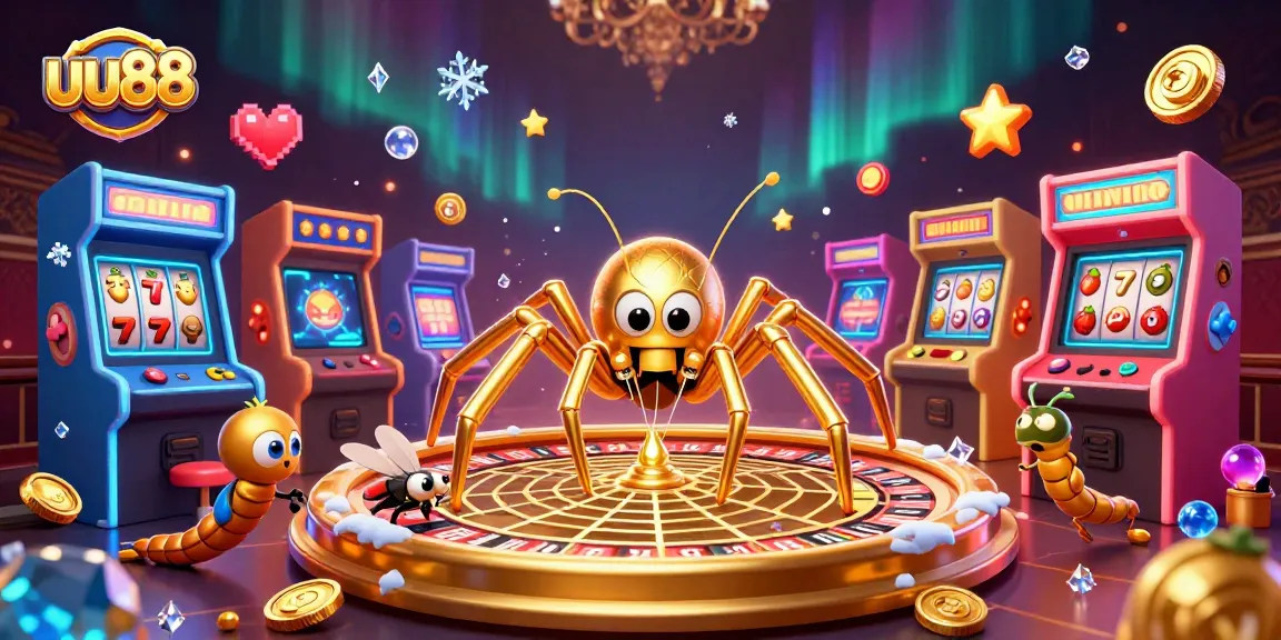 uu88 a 3D golden spider spins a roulette wheel web as a fly nervously bets in a vibrant casino scene
