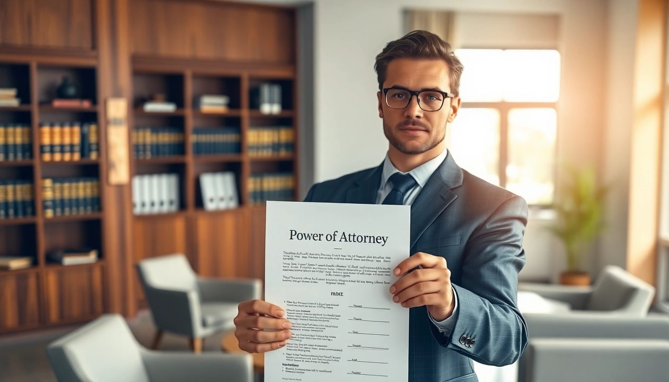 Lawyer presenting Power of Attorney document in a modern office setting.