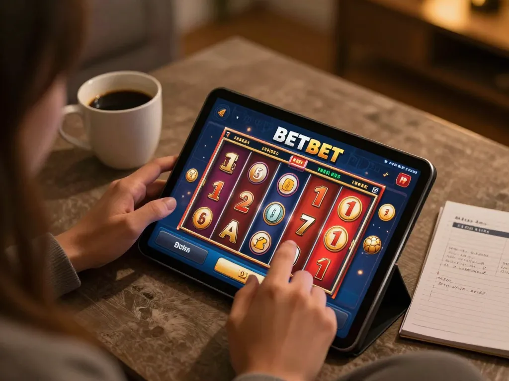 Engaging scene of a player interacting with the BETBET mobile app for an exciting slot gaming experience.