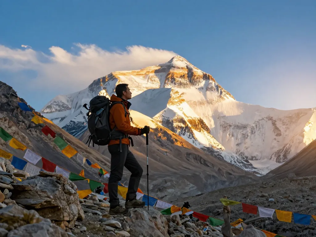 Everest Base Camp trekker celebrating at mountain viewpoint with prayer flags and dramatic peaks in the backdrop.
