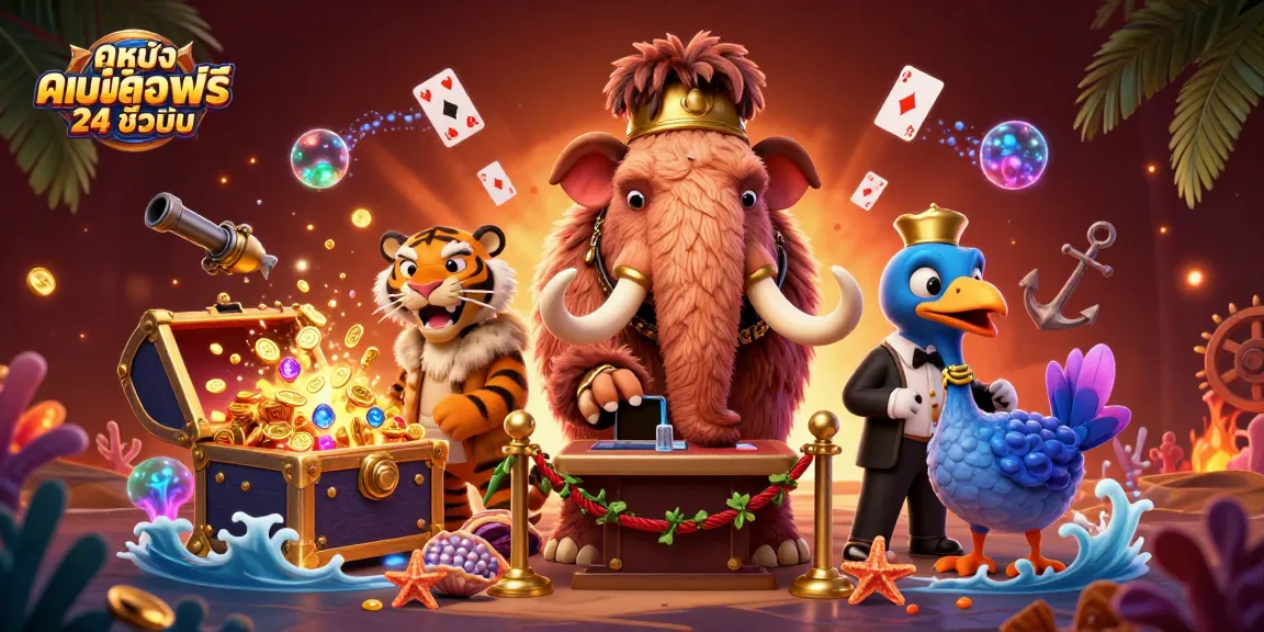 Experience ดูหนังออนไลน์ฟรี 24 ชั่วโมง with engaging visuals of a cartoon bouncer guiding guests in a vibrant casino-themed scene.