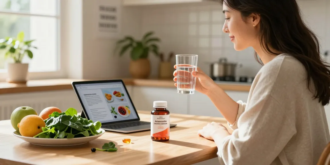 Premium astaxanthin supplements in a bright kitchen, emphasizing health and vitality.