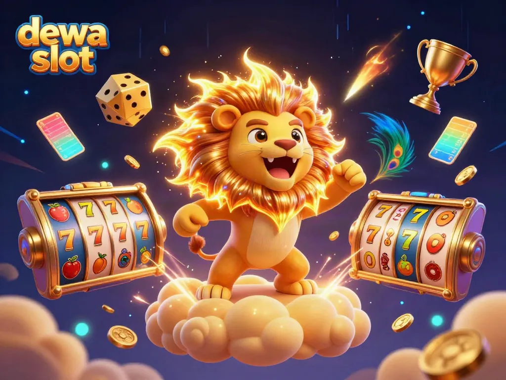 Visualisasi digital menarik dengan tema dewa slot, menampilkan simbol permainan dan dadu berkilau.