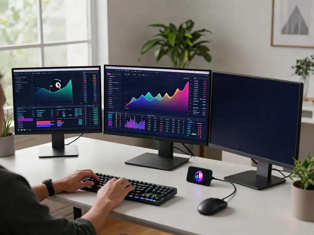 multi-asset market data API displayed on trading monitors in a modern crypto office with charts and digital wallet.