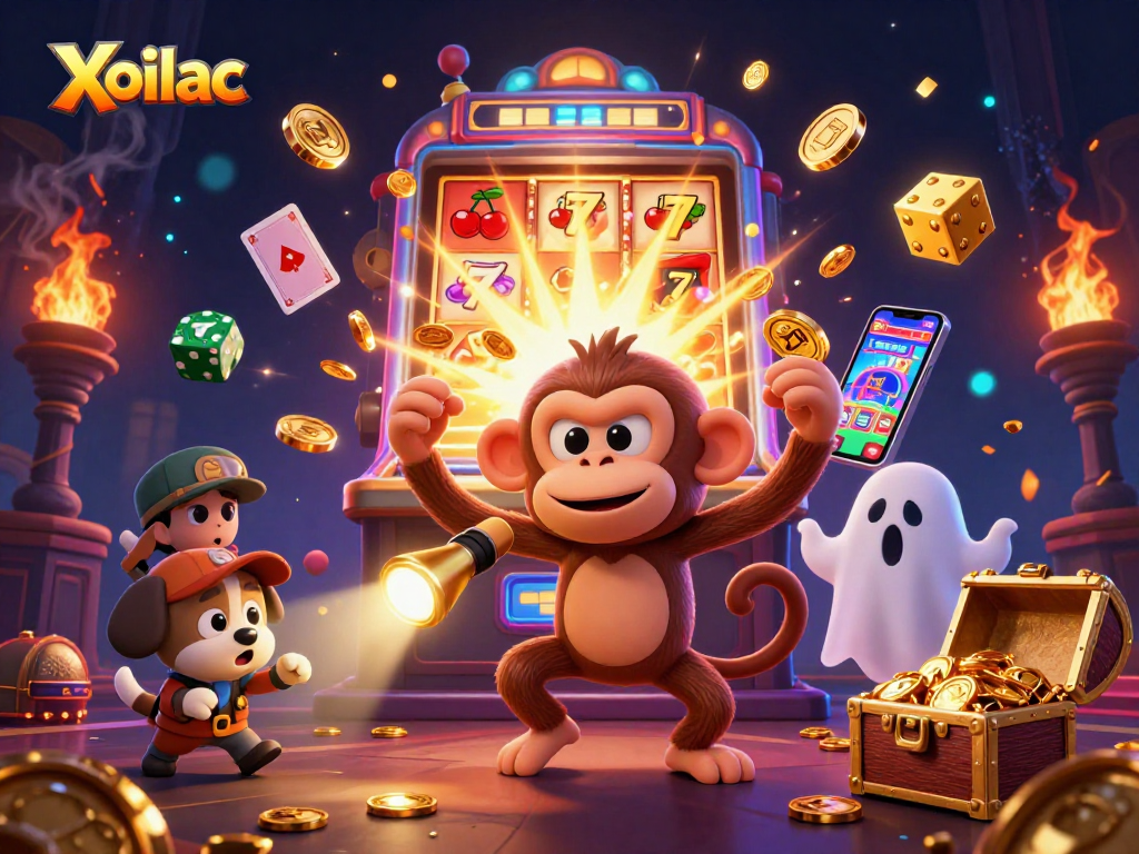 Xoilac showcases a playful poltergeist monkey juggling casino treasures in a vibrant haunted casino scene.