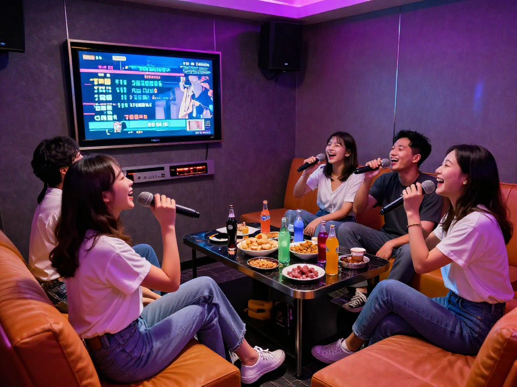 강남 엘리트의 프라이빗 가라오케에서 친구들이 즐거운 시간을 보내는 모습