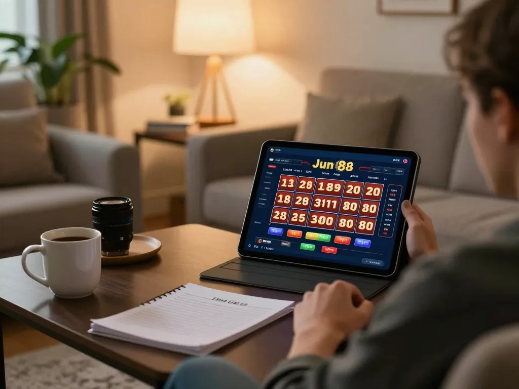 Engaging scene of a user immersed in the Jun 88 casino app on a tablet, showcasing relaxed home gameplay.