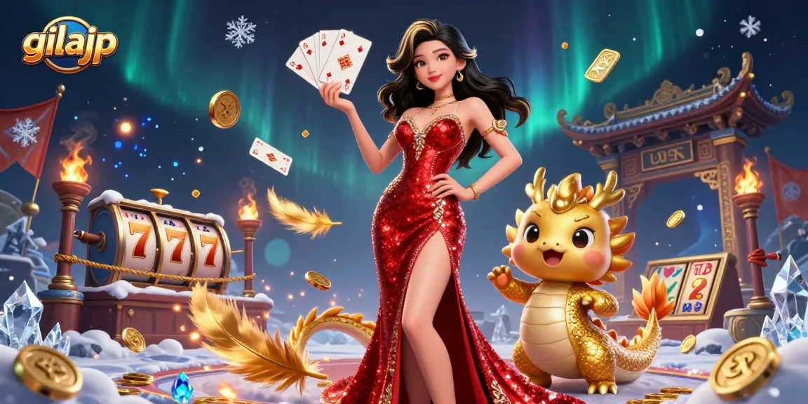Engage with gilajp as a stunning Asian woman in a red dress celebrates wins in a lively casino scene.