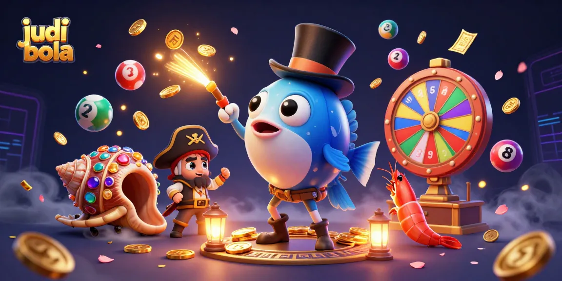 Engage in judi bola with thrilling visuals featuring playful sea characters surrounded by colorful lottery elements and dynamic gaming activities.