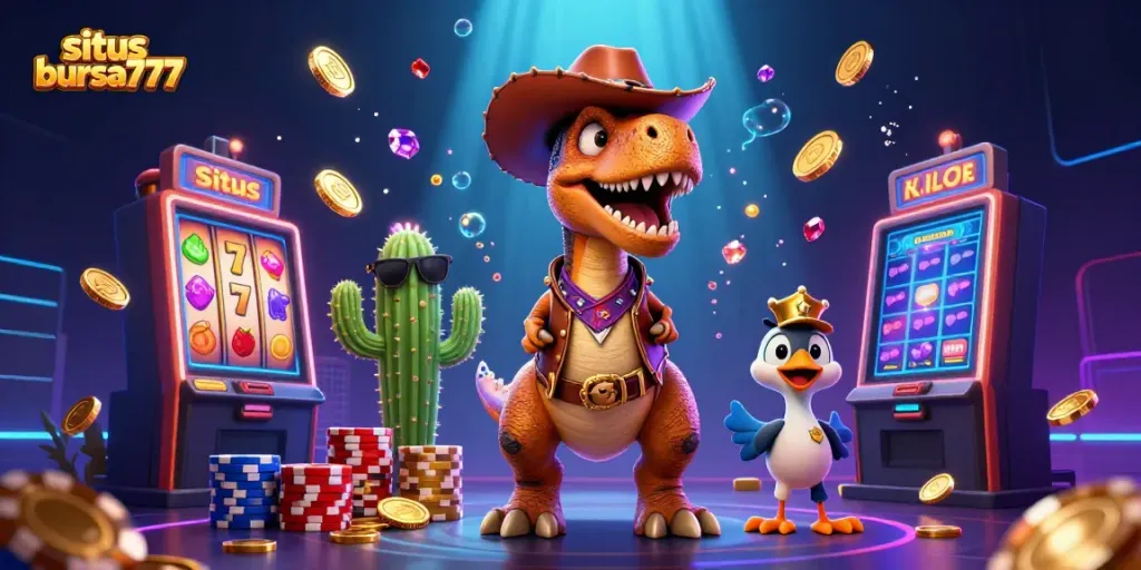 Visualisasi situs bursa777 dengan karakter menarik dan elemen slot untuk pemain yang mencari jackpot.