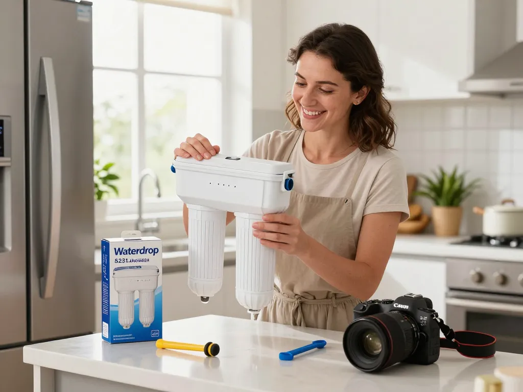 Woman installing Waterdrop 5231JA2002A Refrigerator Water Filter in bright kitchen.