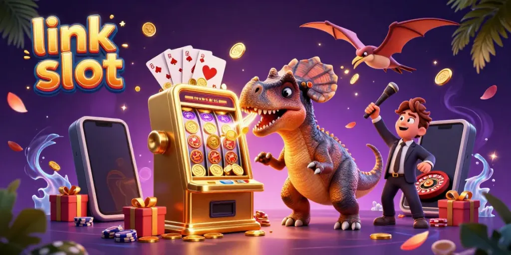 Experience the excitement of link slot gameplay with a dinosaur-themed jackpot scene.