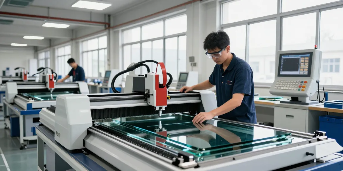 CNC glass cutting machine in action, highlighting precision glass processing and skilled craftsmanship in a modern workshop.