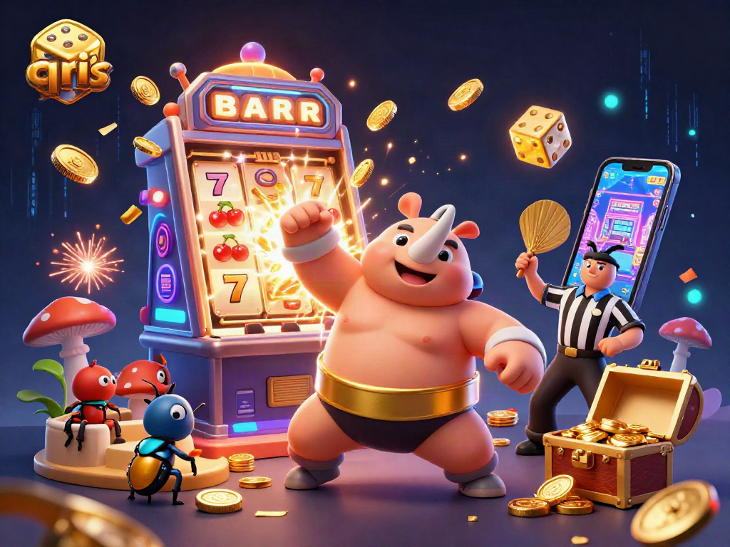 Experience the thrilling slot qris with cartoon beetles amidst coins and gaming elements.