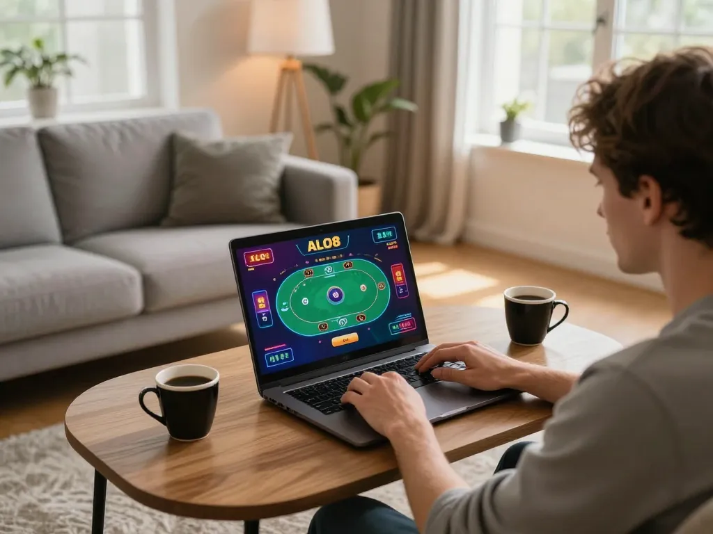 Player enjoying ALO8 online casino games on a laptop in a cozy home setting
