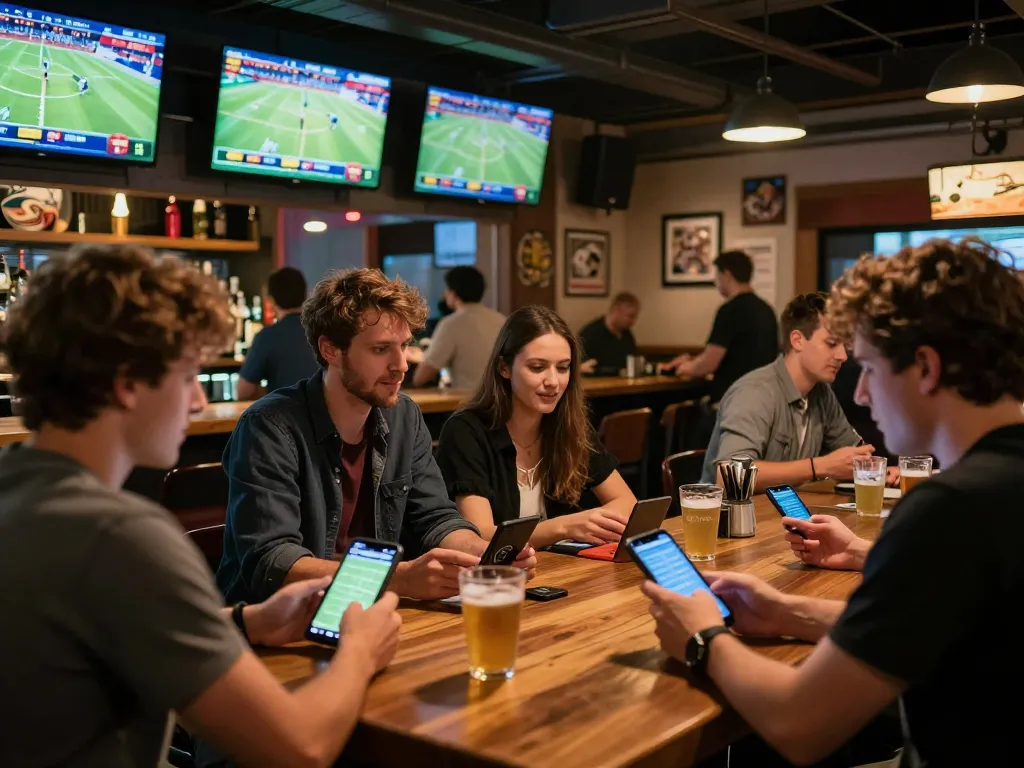 Engaged sports betting enthusiasts using nhandinhkeonhacai for strategic betting at sports bar, vibrant atmosphere.