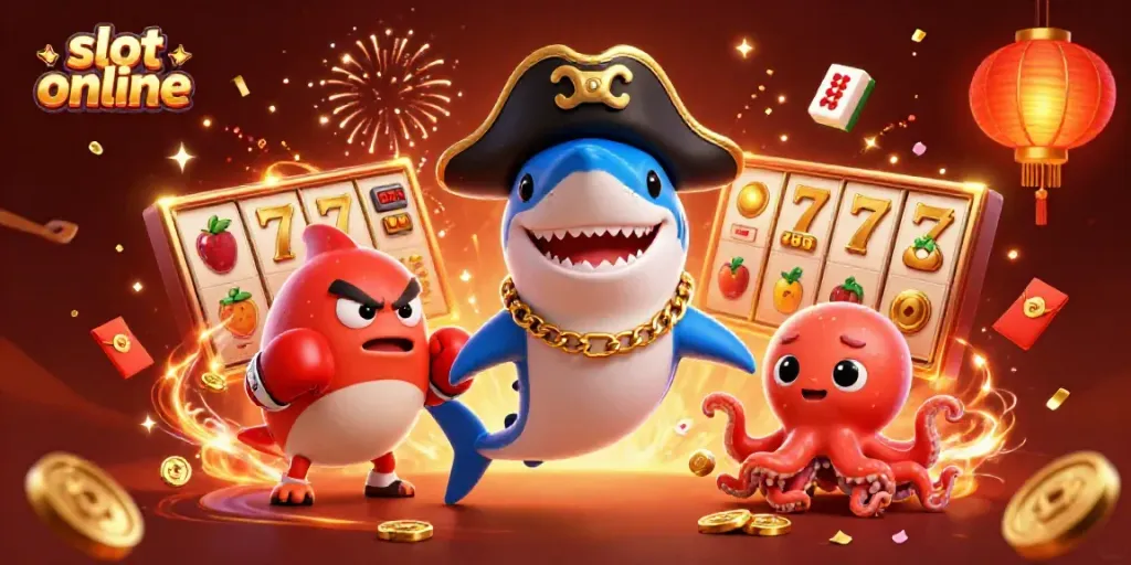 Menangkan hadiah besar dengan slot online, dikelilingi karakter bahagia dan simbol keberuntungan.