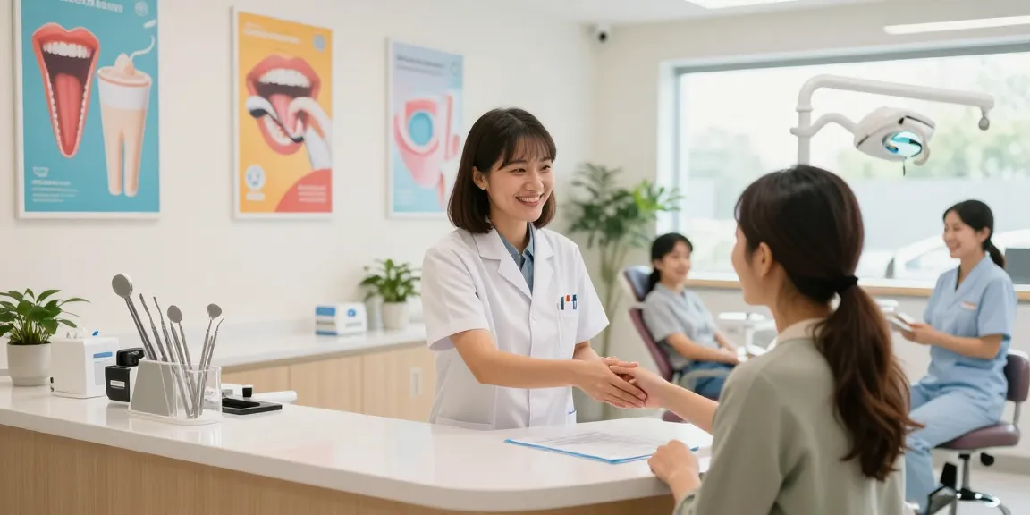 Friendly dentist welcoming patients to discover more here about dental appointments in a warm, modern clinic.