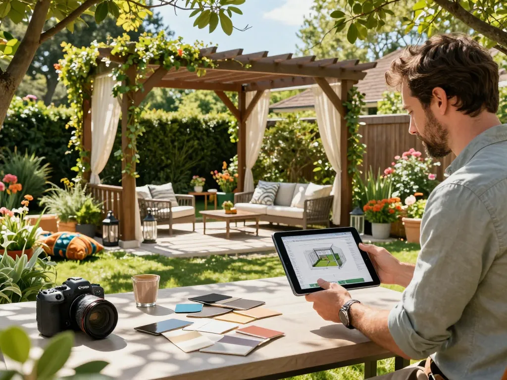 Interactive session using a 3D Pergola Configurator in a lush garden, showcasing custom design options.