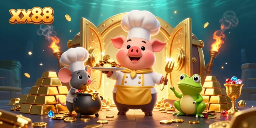 Enjoy exciting gameplay at xx88 with gold coins, treasure, and animated characters in a winning atmosphere.