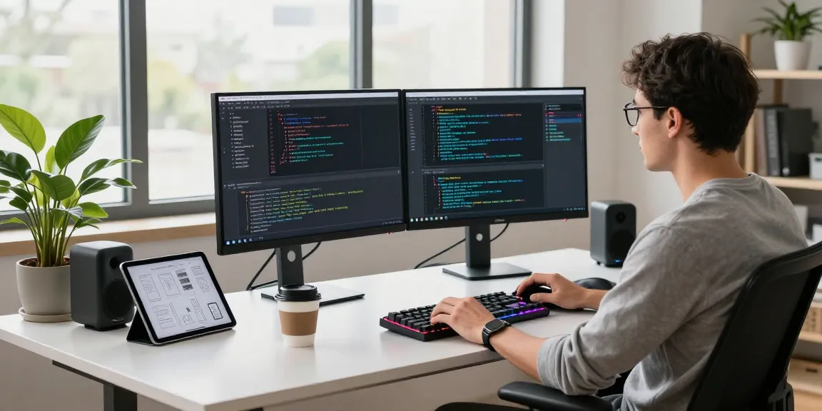 Dynamic tech workspace with a developer coding on dual monitors showcasing NAGA2000.