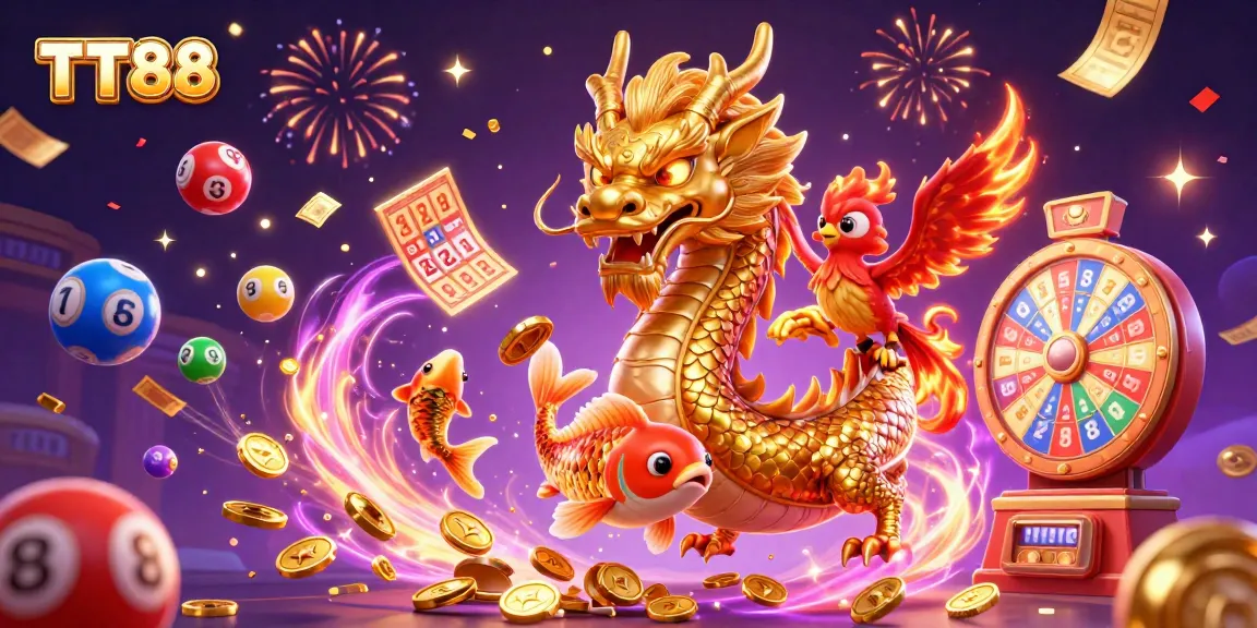 TT88 showcases a fierce dragon and phoenix amidst vibrant casino elements, celebrating winning moments.