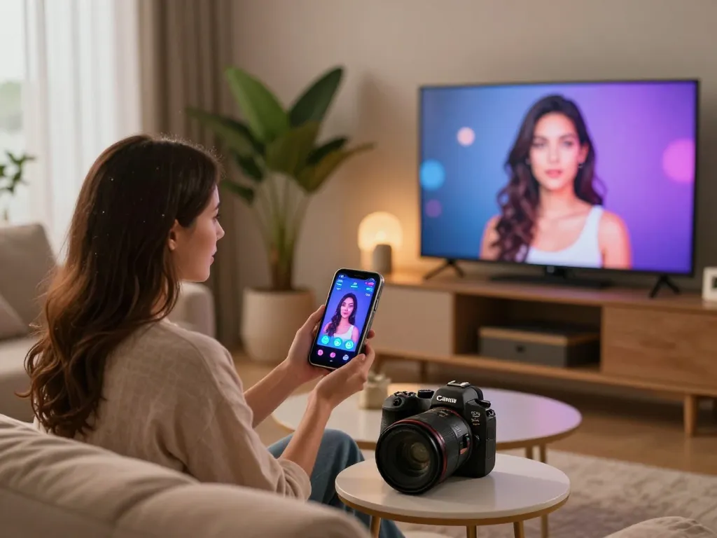 Couple exploring ai sex technology with an interactive smart device in a cozy setting.
