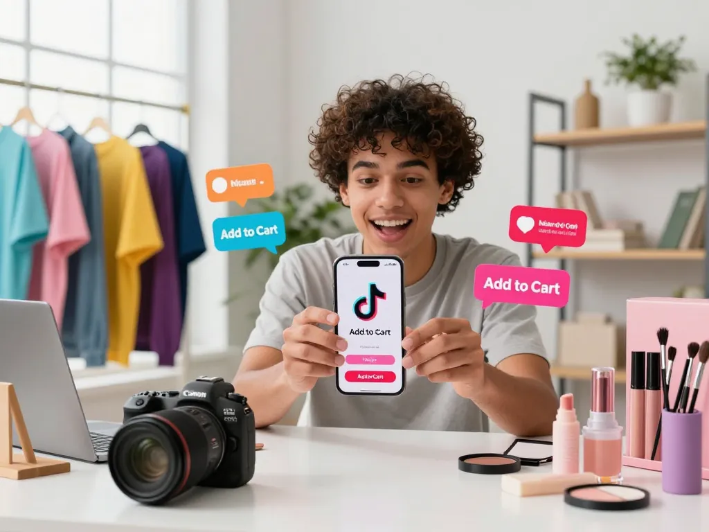 TikTok Shop Still Profitable, influencer exploring trendy products and interacting on social media in a vibrant home office.
