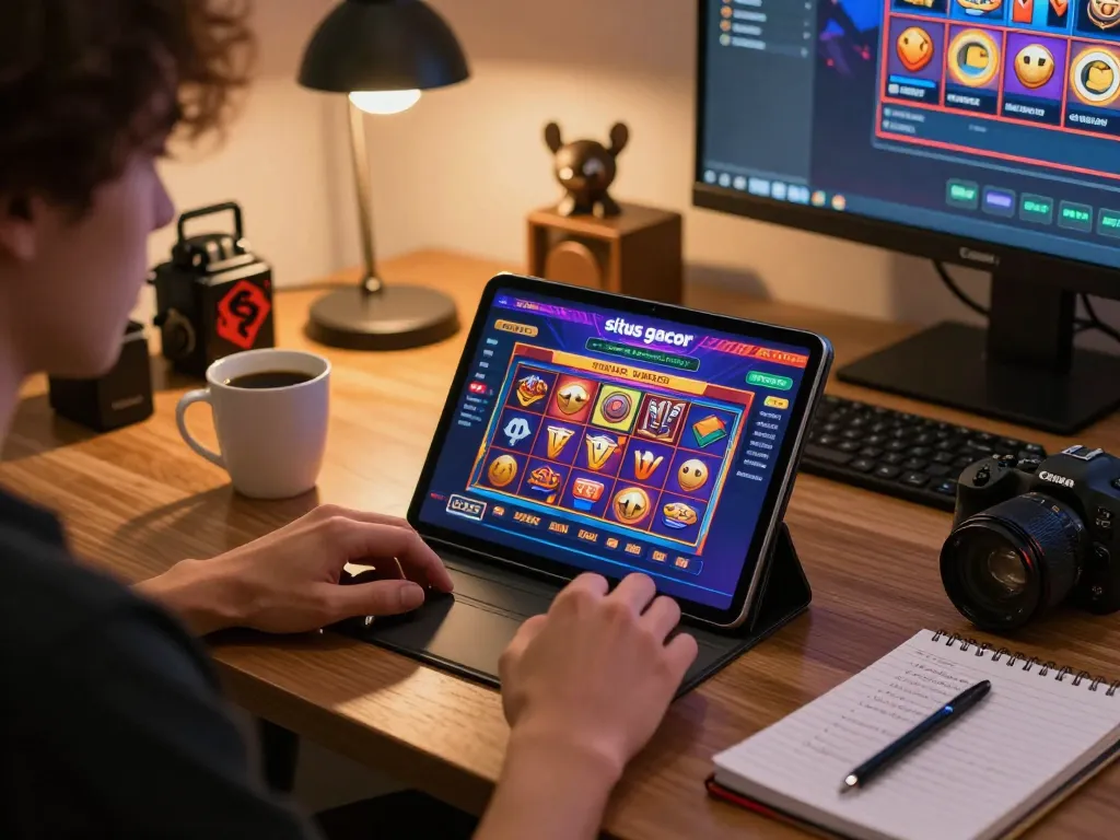Engaging player immersed in situs gacor online gaming on tablet with strategy notes nearby.