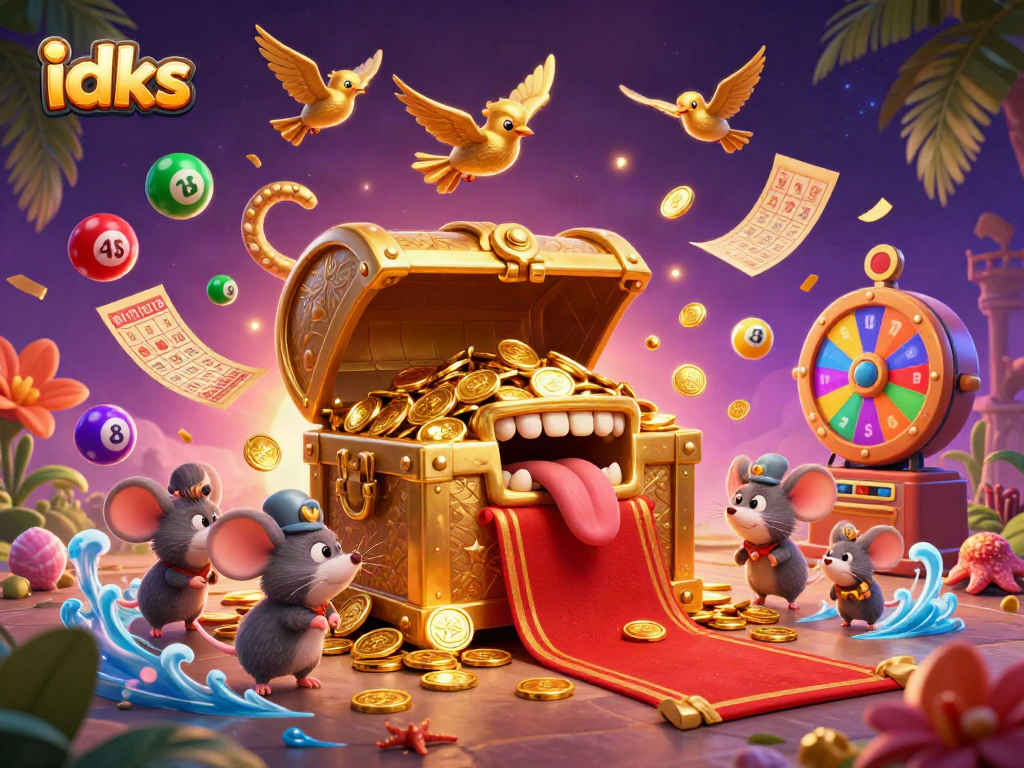 Menangkan hadiah dengan idks saat melihat bola lotere berwarna-warni dan peti harta karun dalam suasana ceria.