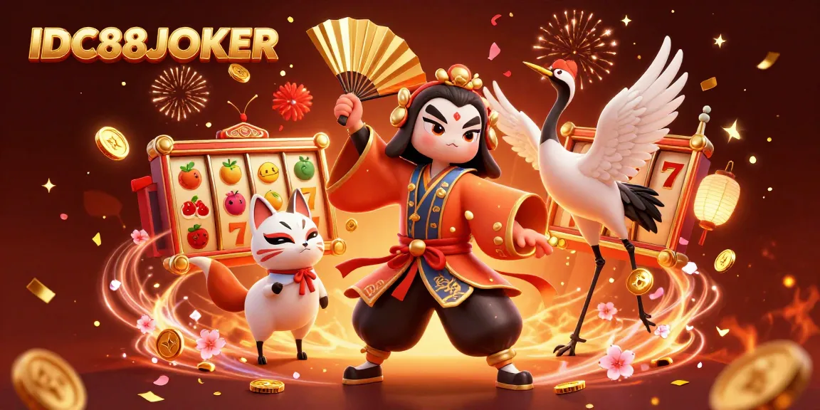 Play and win big with IDC88JOKER in this vibrant scene featuring a kabuki warrior and slot reels.
