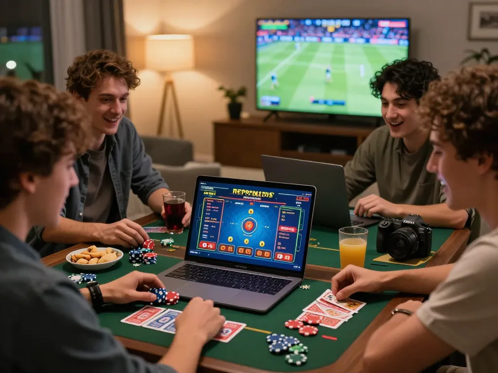 Engaged group enjoying MM88 online betting in a cozy setting with vibrant visuals.