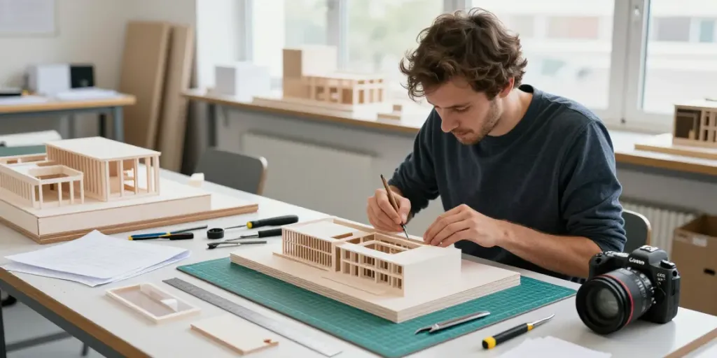 Architectural model maker Netherlands crafting intricate building models in a bright workshop.