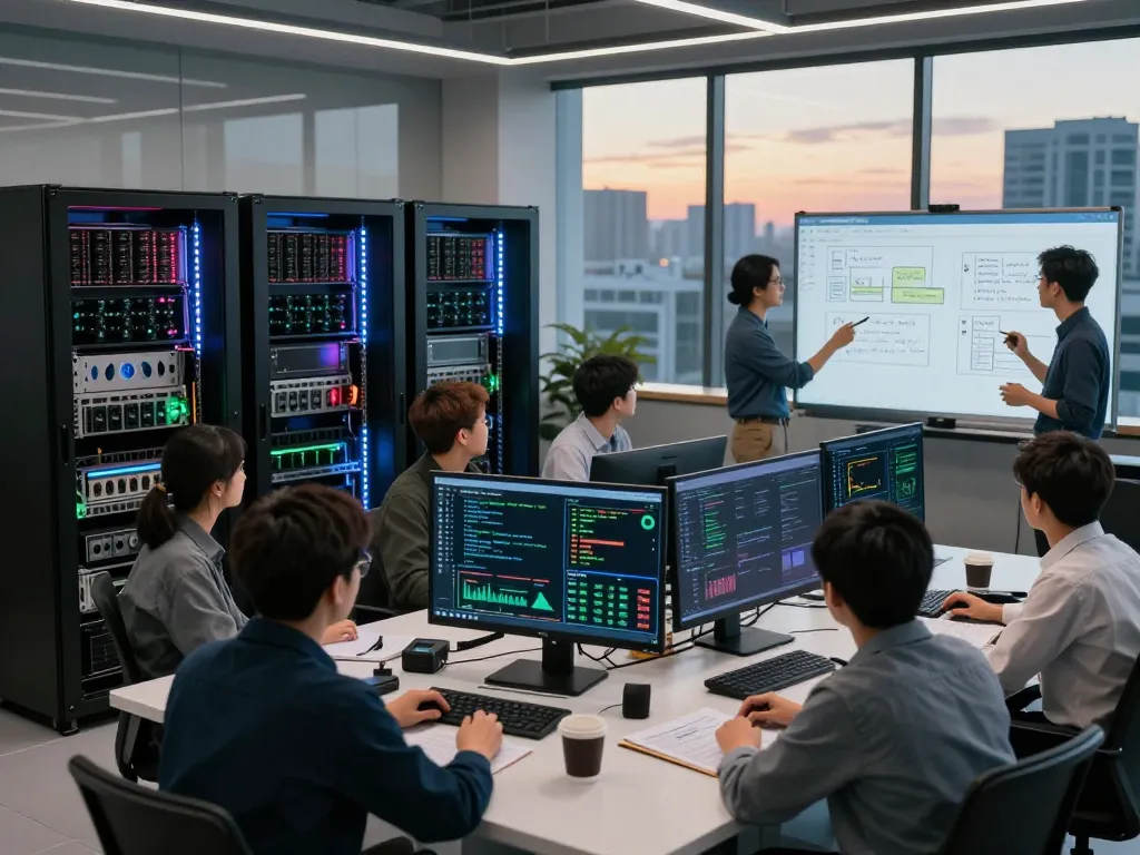 AI crypto mining operations analyzed by engineers in a futuristic data center