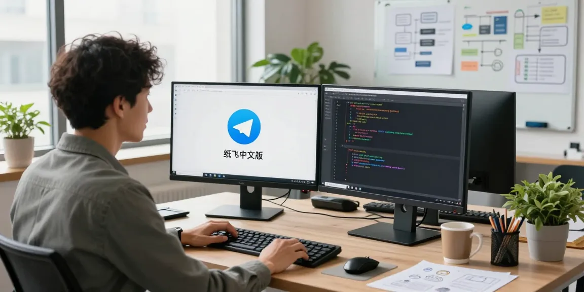 Developer focused on creating innovative software for 纸飞机中文版 in a modern tech workspace