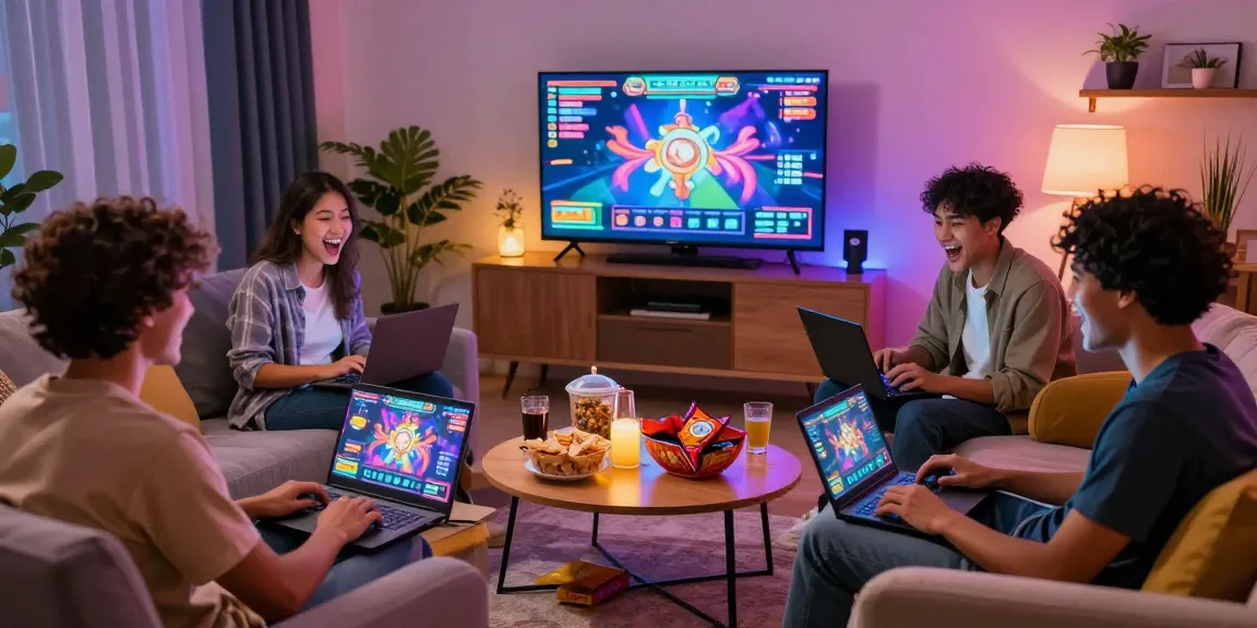 Excited players enjoying bandar slot gacor in a vibrant living room setting, immersive gaming experience.