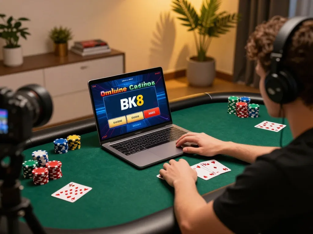 Engaging online gaming scene featuring BK8 casino on laptop, vibrant and cozy atmosphere.