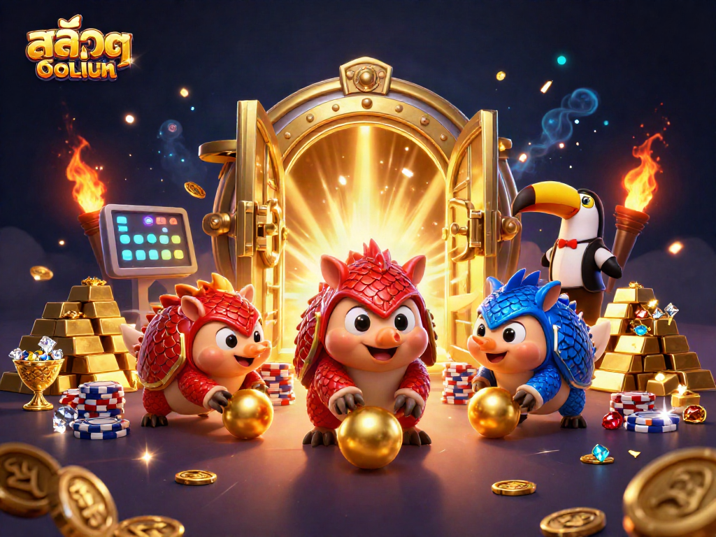 Experience thrilling สล็อตออนไลน์ action with animated pangolins rolling through poker chips in a vibrant casino scene.