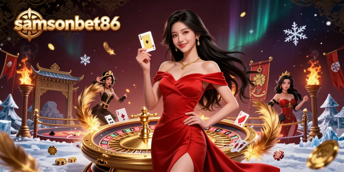 Spin the roulette with samsonbet86, showcasing a glamorous casino scene with a confident dealer holding playing cards.