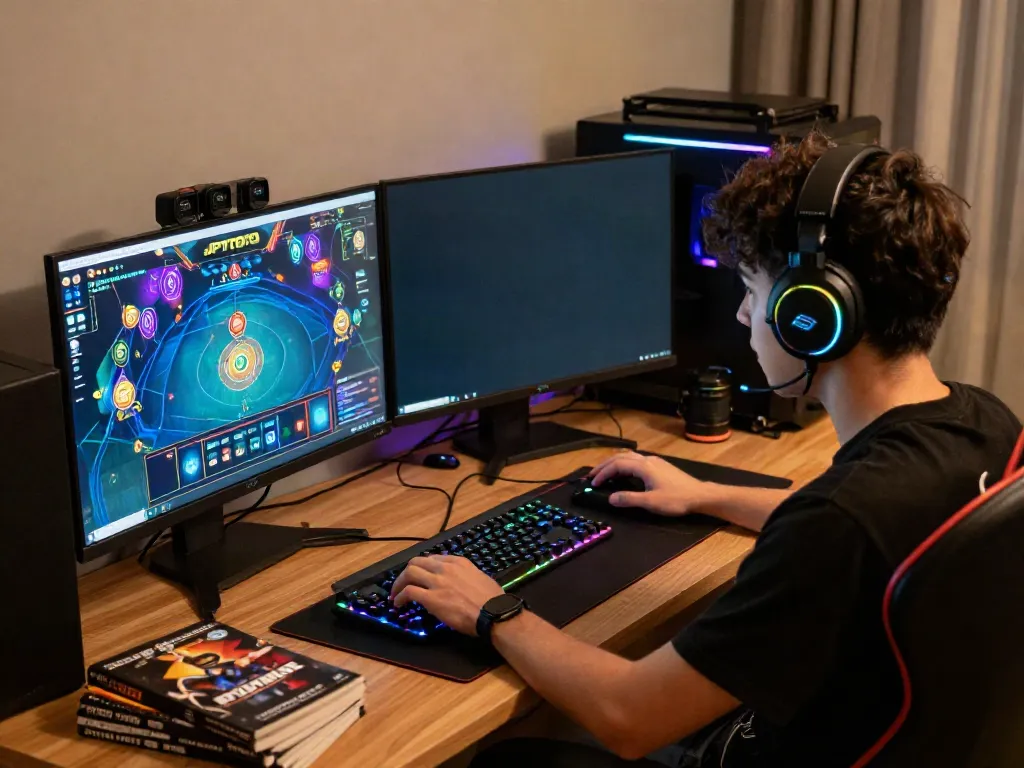 JPTOTO pemain aktif di depan komputer bermain game jackpot online dengan peralatan game canggih.