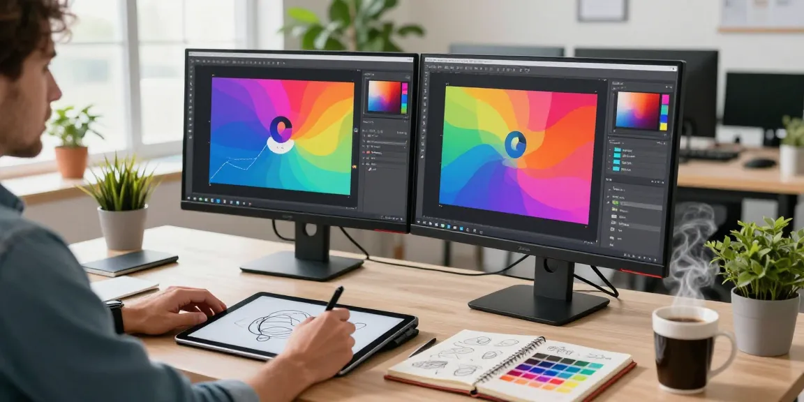 Designer using 截图软件 with dual monitors in a bright tech workspace.